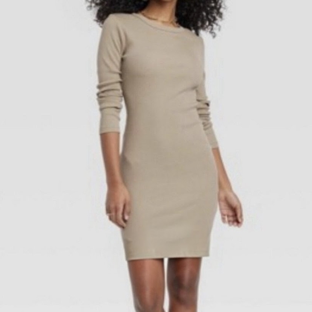 Universal Thread Long Sleeve Crewneck Knit Dress in Tan